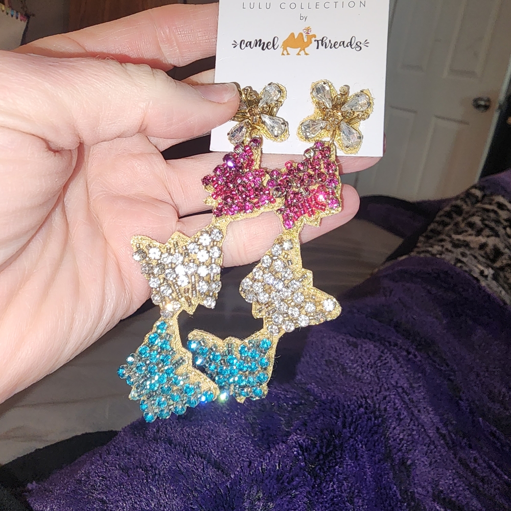 Dazzling Floral Drop Earrings in Gold, Pink, and Blue - Picture 2 of 3